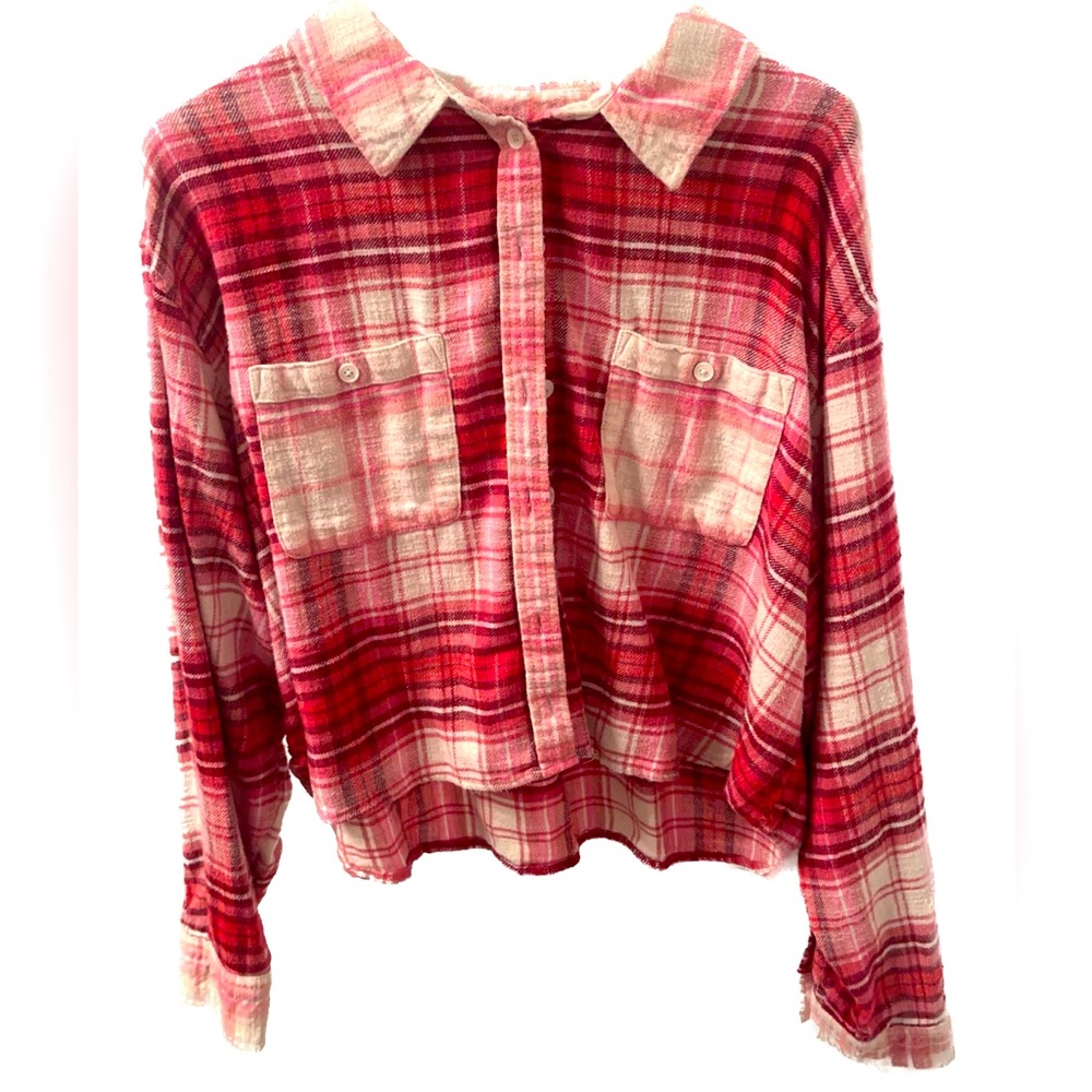 AE Pink Flannel Button Up Hoodie